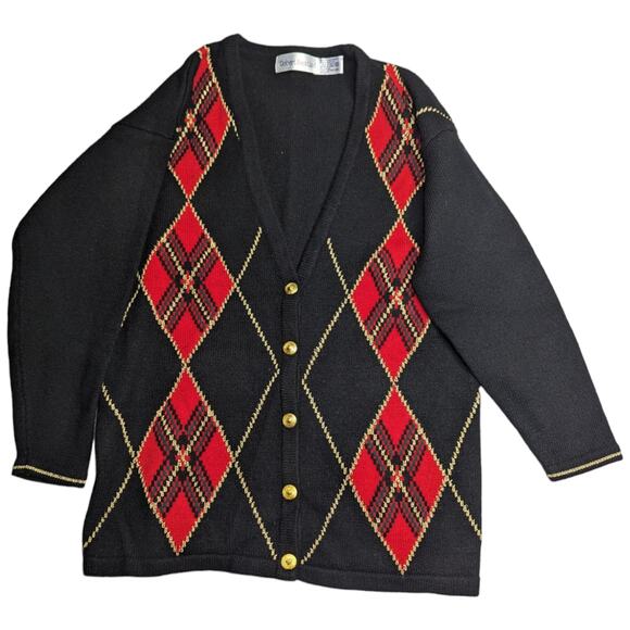 Vtg 1980s Robert Scott Black Red Argyle Wool Blend Button Up V-Neck Cardigan M - Picture 1 of 4